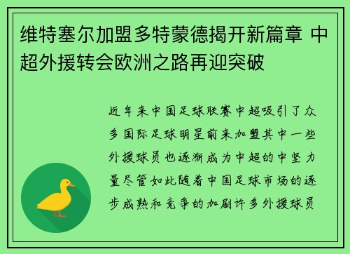 维特塞尔加盟多特蒙德揭开新篇章 中超外援转会欧洲之路再迎突破